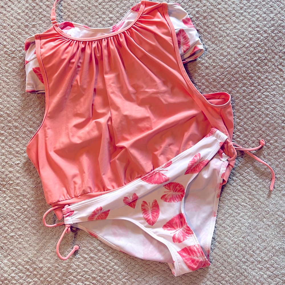 Coral and White Tankini